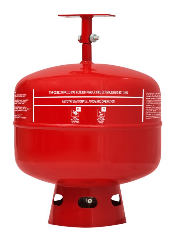 Sarkans griestu pulvera ugunsdzēsības aparāts