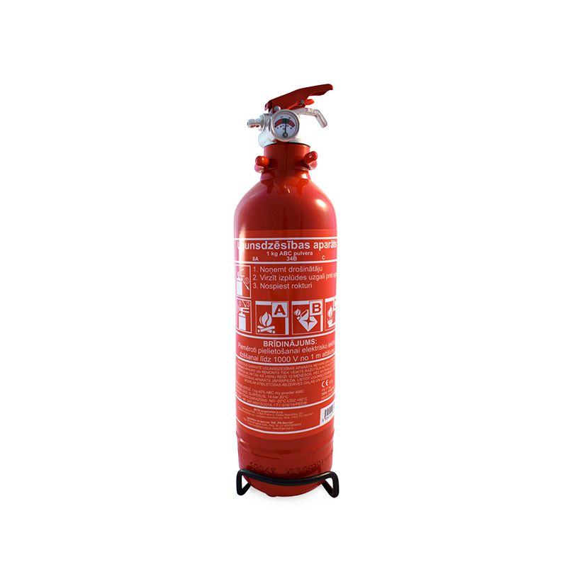 Sarkans pulvera ugunsdzēsības aparāts ar turētāju